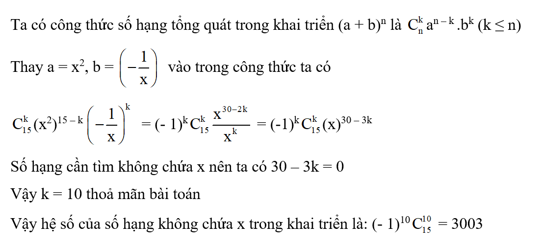 Tìm số hạng không chứa x trong khai triển (x^2-1/x)^n biết 2An-2Cn=105 (ảnh 2)