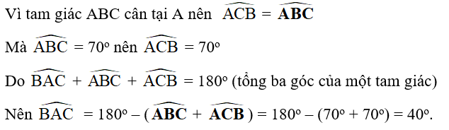 Cho tam giác ABC cân tại A có ABC  = 70o. Hai đường thẳng BD và CE cắt nhau tại H. a) Tính số đo các góc còn lại của tam giác ABC; (ảnh 2)