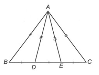 Cho tam giác ABC có AB = AC. Gọi D, E là hai điểm thuộc cạnh BC sao cho BD = DE = EC (ảnh 1)