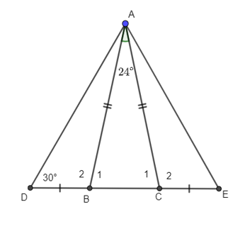 Cho tam giác ABC cân tại A, có góc A=24 độ. Trên tia đối của tia BC lấy điểm D sao (ảnh 1)