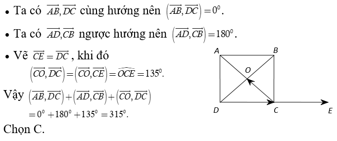 Cho hình vuông ABCD  tâm O.  Tính tổng ( AB, DC) + ( AD, CB) + ( CO; DC)  (ảnh 1)