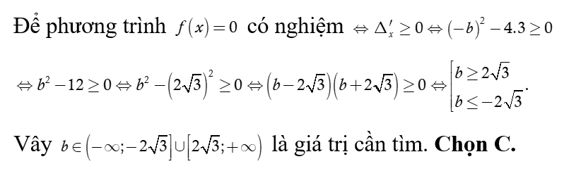 Cho tam thức bậc hai f(x)= x^2-bx+3 Với giá trị nào của b thì tam thức f(x) có nghiệm ? (ảnh 1)