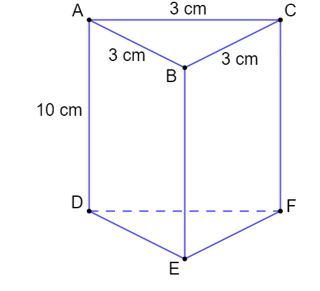 Hình lăng trụ đứng tam giác có đáy là tam giác đều cạnh 3 cm, chiều cao hình lăng trụ bằng 10 cm (ảnh 1)