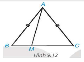Cho tam giác cân ABC, AB = AC. Lấy điểm M tùy ý nằm giữa B và C (H.9.12). (ảnh 1)