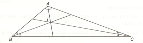 Kí hiệu I là điểm đồng quy của ba đường phân giác trong tam giác ABC. Tính góc (ảnh 1)