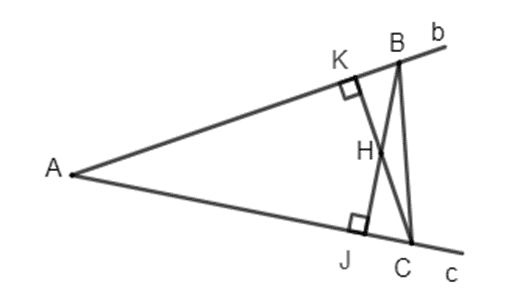 Cho hai đường thẳng không vuông góc b, c cắt nhau tại điểm A và cho điểm H (ảnh 2)
