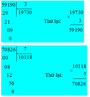 Tính kết quả phép chia sau rồi dùng phép nhân để thử lại. 59 190 : 3 (ảnh 1)