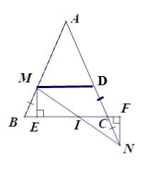 Cho tam giác ABC cân tại A, M là điểm bất kì nằm giữa hai điểm A và B.  a) Chứng minh: IE = IF.  (ảnh 1)