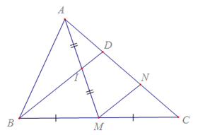 Cho tam giác ABC, trung tuyến AM. Gọi I là trung điểm của AM, D là giao điểm của BI và AC  a) Chứng minh: AD = 1/2DC (ảnh 1)