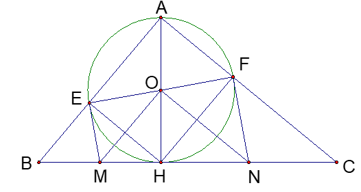 Cho tam giác ABC vuông tại A và đường cao AH. Dựng đường tròn tâm O đường kính AH   cắt AB tại E  , AC cắt tại F  . (ảnh 1)