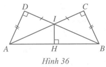 Cho Hình 36 có AD = BC, IC = ID, các góc tại đỉnh C Chứng minh: IH là tia phân giác của góc AIB (ảnh 1)