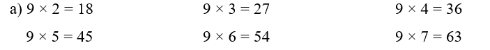 Tính nhẩm a) 9 × 2 = ……      9 × 5 = …… (ảnh 1)