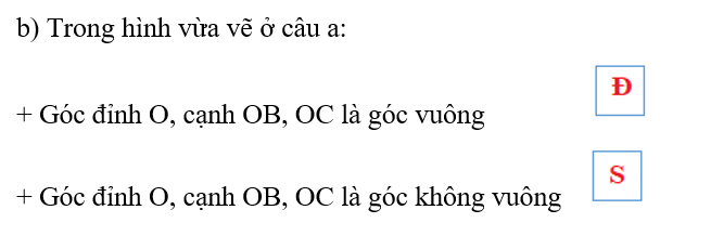 b) Đ, S?  Trong hình vừa vẽ ở câu a:  + Góc đỉnh O, cạnh OB, OC là góc vuông   (ảnh 1)