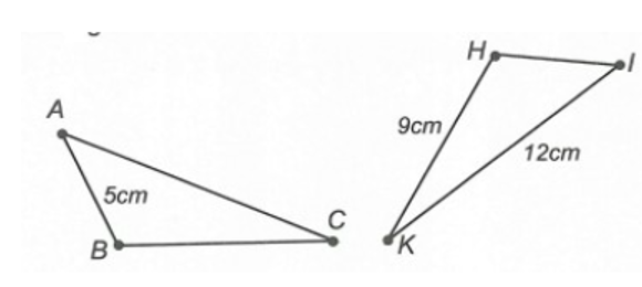 Cho tam giác ABC = tam giác IHK, biết AB = 5 cm, HK = 9 cm và IK = 12 cm. Chu vi tam giác ABC bằng: (ảnh 1)