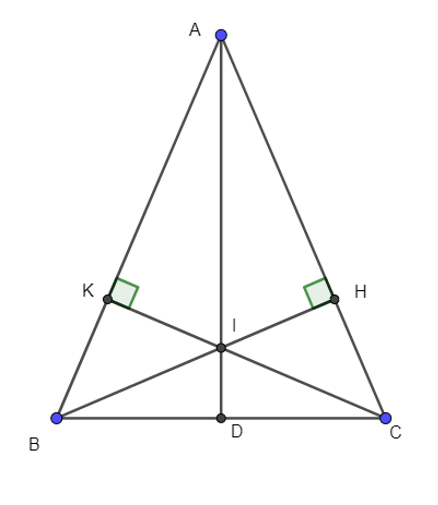 Cho ∆ABC có AB = AC (góc A<90 ). Vẽ BH vuông góc AC (H thuộc AC), CK vuông góc AB  (ảnh 1)