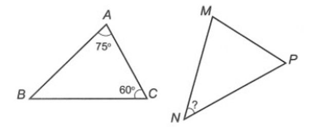 Cho tam giác ABC và tam giác MNP bằng nhau. Biết số đo các góc như hình vẽ sau: (ảnh 1)
