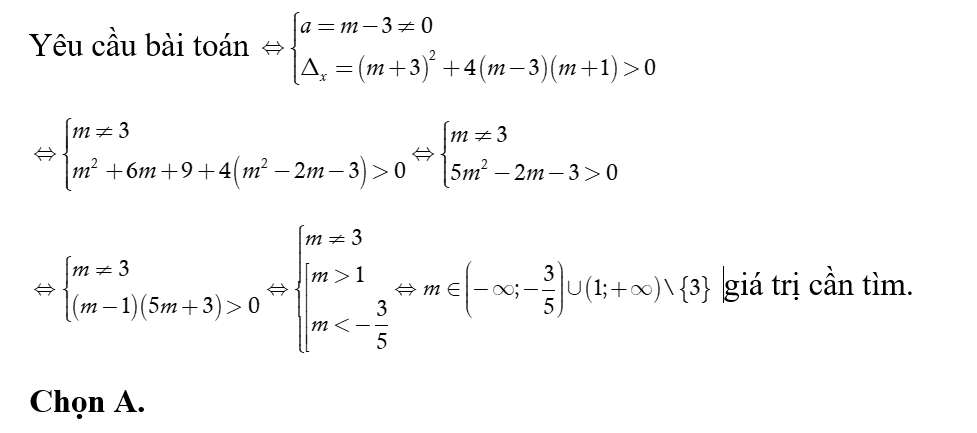 Giá trị nào của  m=0 thì phương trình (m-3)x^2+(m+3)x-(m+1)=0  có hai nghiệm phân biệt (ảnh 1)