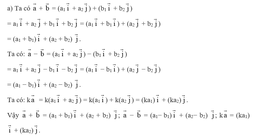 Trong mặt phẳng Oxy, cho hai vectơ a= (a1; a2),  vecto b= (b1; b2) và số thực k. Ta đã biết có thể biểu (ảnh 1)