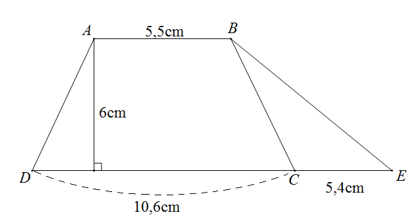 Diện tích hình thang ABCD lớn hơn diện tích hình tam giác BCE bao nhiêu xăng-ti-mét vuông?  (ảnh 1)