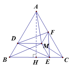 cho ABC đều, điểm M nằm trong tam giác đó. Qua M, kẻ đường thẳng song song với AC và cắt BC ở E a) AFMD, BDME, CEMF là các hình thang cân. (ảnh 1)