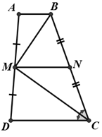 Cho hình thang ABCD (AB//CD), tia phân giác của góc C đi qua trung điểm M của cạnh bên AD. a) góc BMC = 90 độ (ảnh 1)