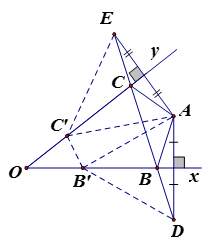Cho điểm A nằm trong góc nhọn xOy. Dựng điểm B thuộc tia Ox, điểm C  thuộc tia Oy sao cho tam giác ABC có chu vi nhỏ nhất. (ảnh 1)