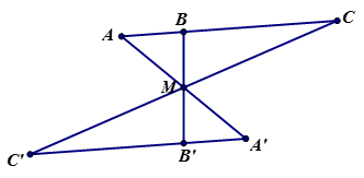 Cho ba điểm A, B, C thẳng hàng và điểm M không thuộc đường thẳng đó. Gọi A’, B’, C’ lần lượt là điểm đối xứng của A, B, C qua M.  (ảnh 1)