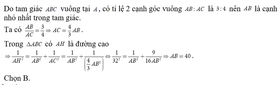Tam giác ABC  vuông tại A , đường cao AH = 32 cm . Hai cạnh AB và AC  tỉ lệ với 3  và 4 . Cạnh nhỏ nhất của tam (ảnh 1)