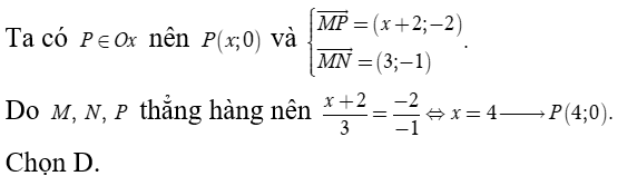 Trong mặt phẳng tọa độ Oxy  cho hai điểm M(-2,2)  và N(1,1).  Tìm tọa độ điểm P  thuộc trục hoành sao cho ba điểm M, N, P  thẳng hàng. (ảnh 1)