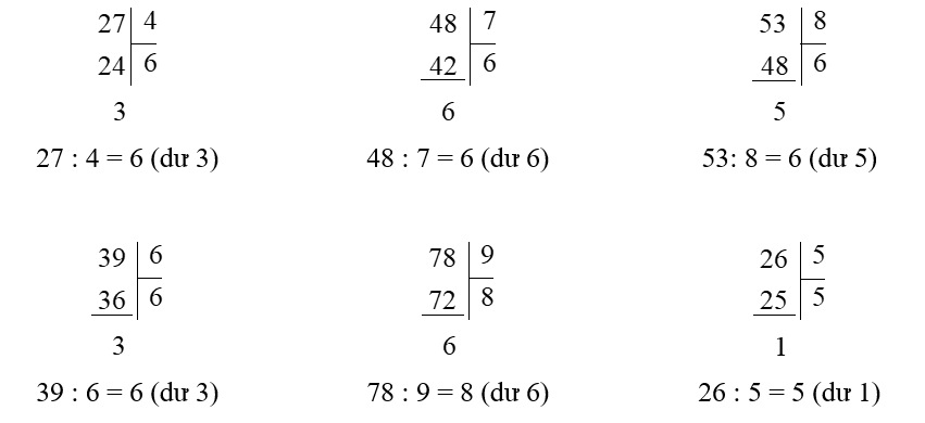 Tính rồi viết (theo mẫu). Mẫu:   27 : 4 = 6 (dư 3)	   ……………………….	   ………………………… (ảnh 2)