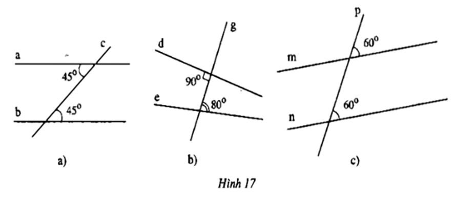Chọn hình vẽ không thể hiện hai đường thẳng song song.   A. Hình a; B. Hình b; C. Hình c; D. Cả 3 hình trên. (ảnh 1)