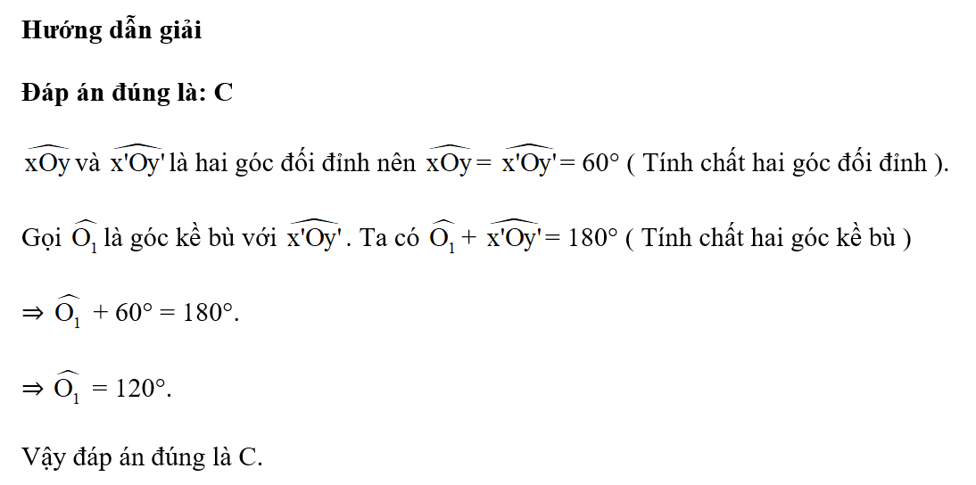 Cho góc xOy đối đỉnh với góc x'Oy' và góc xOy=60 độ. Tính số đo góc kề bù với góc x'Oy'. (ảnh 1)