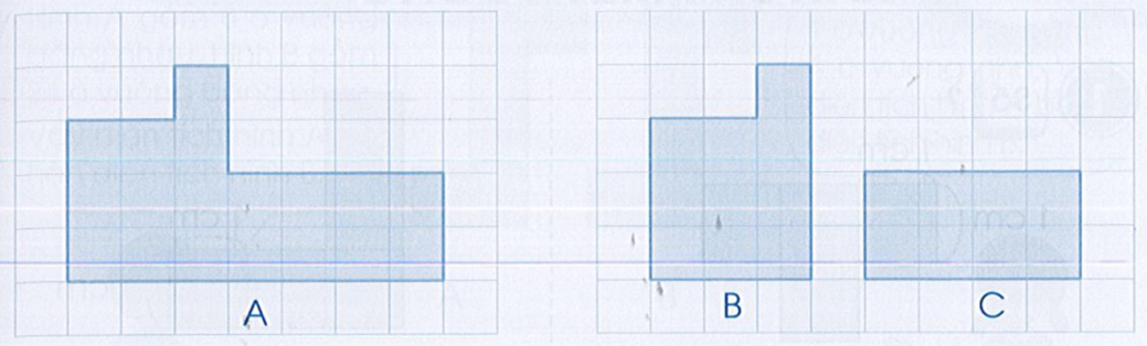 So sánh diện tích hình A với tổng diện tích hình B và hình C. (ảnh 1)