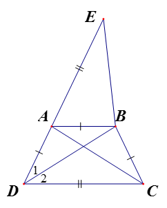 Cho tứ giác ABCD có AD = AB = BC và góc A + góc C = 180 độ. CMR: a) Tia DB là phân giác của góc D. (ảnh 1)