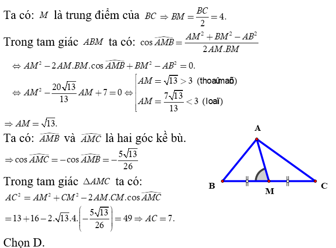 Tam giác ABC  có AB = 3, BC = 8 . Gọi M  là trung điểm của BC (ảnh 1)