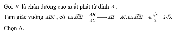 Tam giác ABC có AC = 4; góc ACB = 60 độ . Tính độ dài đường cao h  uất phát từ đỉnh A của tam giác (ảnh 1)