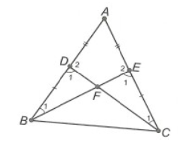 Cho tam giác ABC có AB = AC. Trên hai cạnh AB, AC lần lượt lấy hai điểm D, E sao cho (ảnh 1)