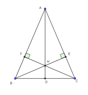 Cho tam giác ABC cân tại A. Từ BE và CF lần lượt vuông góc với AC và AB (ảnh 1)