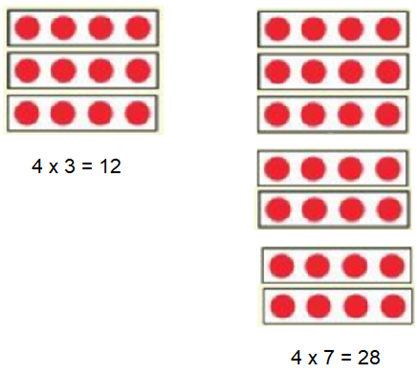 a) Hãy đếm thêm 4: 4	8	?	?	?	?	?	?	?	? b) Xếp các chấm tròn thích hợp với mỗi phép nhân 4 x 3; 4 x 7 (ảnh 1)