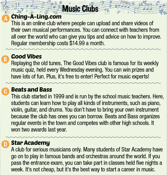 There are descriptions of four music clubs. The students below all want to join a music club (ảnh 1)