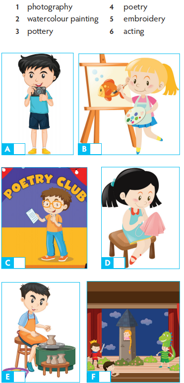 Match the words with the photos. Write 1-6 in the boxes. Then listen and check (ảnh 1)