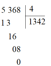 Kết quả của phép tính 5 368 : 4 là: A. 1 092 	 B. 1 342 	 C. 3 323 	 D. 1 042 (ảnh 1)