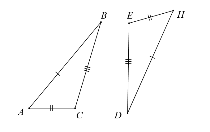 Cho tam giác ABC và DEH trong hình dưới đây.   Khẳng định đúng là (ảnh 1)