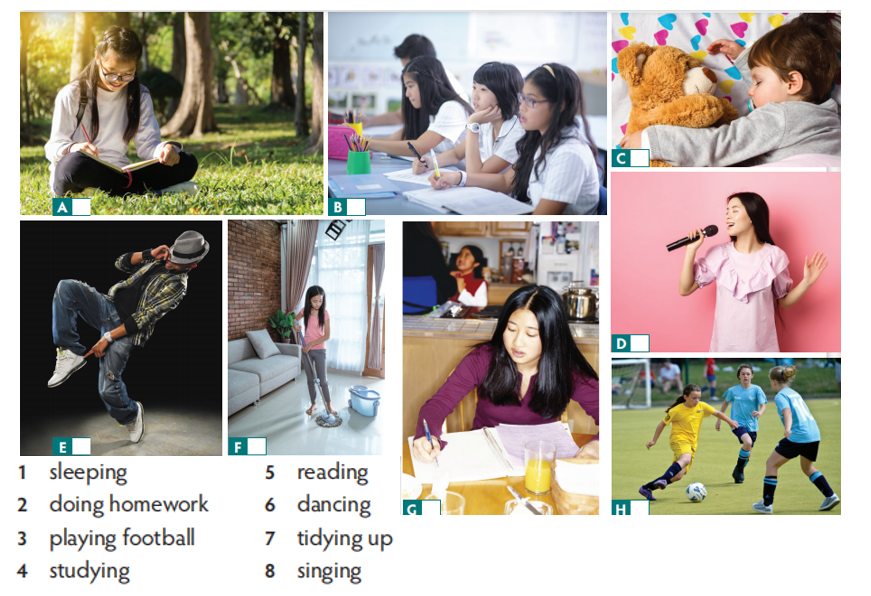 Which activity in the list does each photo describe? Write 1-8 in the boxes (ảnh 1)