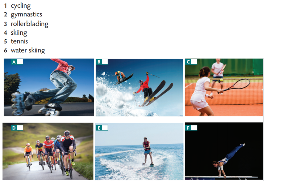 Match the sports in the list with the photos. Write 1–6 in the boxes. (ảnh 1)