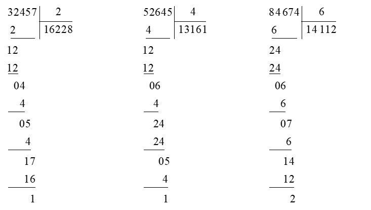 Đặt tính rồi tính: a) 955 : 5 			b) 5428 : 2 			c) 32457 : 2     348 : 3			    6729 : 3 (ảnh 1)