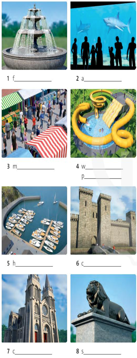 Complete the visitor attractions 1 f 2 a 3 m 4 w p 5 h 6 c 7 c 8 s 9 r 10 t (ảnh 1)