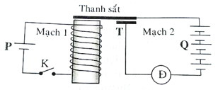 Trên hình vẽ mô tả nguyên tắc cấu tạo của một rơle điện từ. Trong đó mạch 1 gồm nam châm điện, nguồn điện P và công tắc K mắc nối tiếp (ảnh 1)