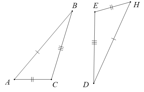 Cho tam giác ABC và DEH trong hình dưới đây.  Khẳng định đúng là (ảnh 1)