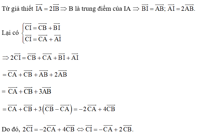 Cho tam giác đều ABC và điểm I  thoả mãn vecto IA = 2 vecto IB . Mệnh đề nào sau đây đúng? (ảnh 1)